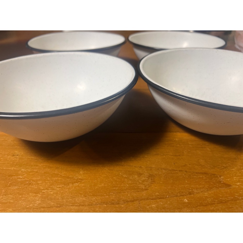 Vtg White Speckled Enamelware Bowls with Black Rim Set of 4 Farmhouse Camping - Picture 2 of 4